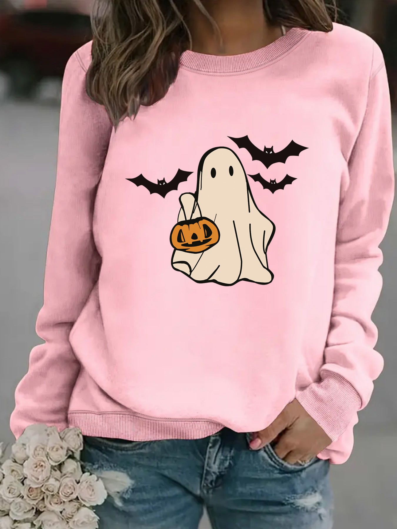 Halloween Casual Long Sleeve Round Neck Cartoon Ghost Print Pullover Sweater Sweatshirt
