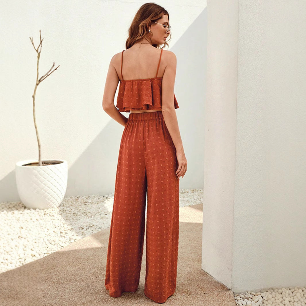 Cropped Vest Ruffled Top Casual Chic Wide-leg Pants