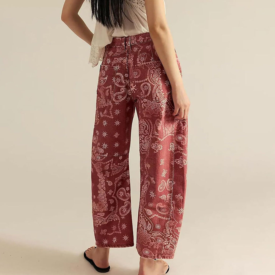 Womens Relaxed-fit Floral Cropped Wide-leg Mid-rise Jeans