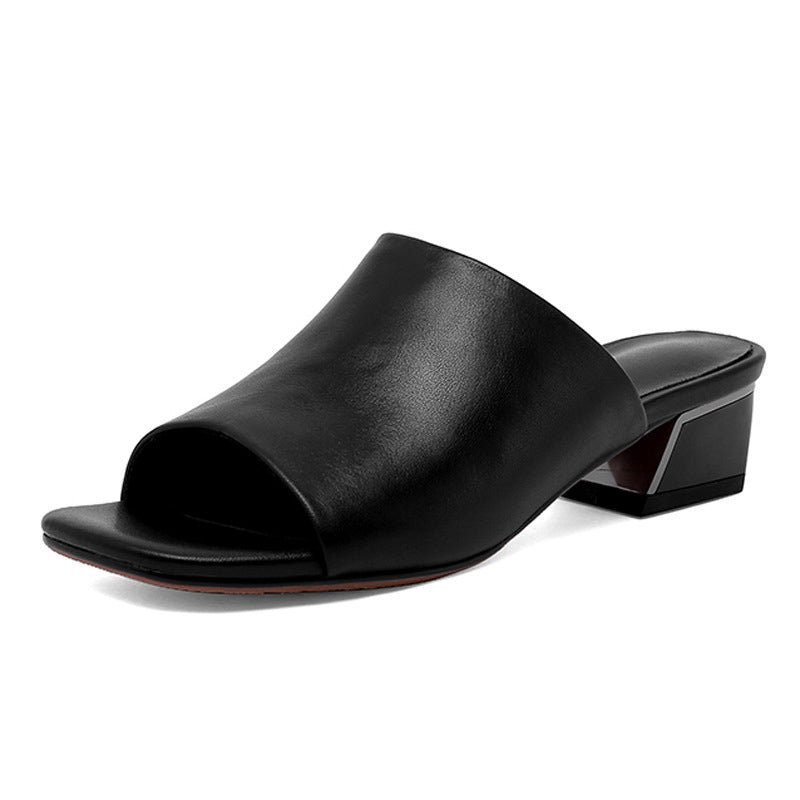 All Leather Fashion Square Toe Mid-high Heel Slippers