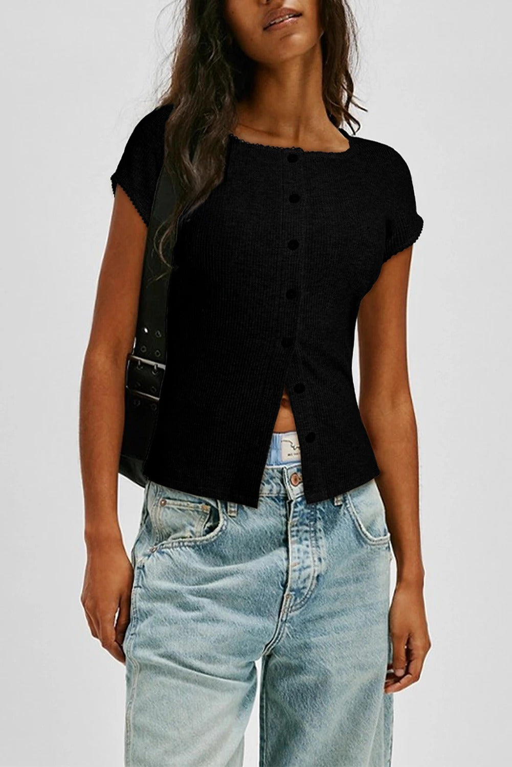 Womens Solid-color Versatile Short-sleeve Top With Buttons