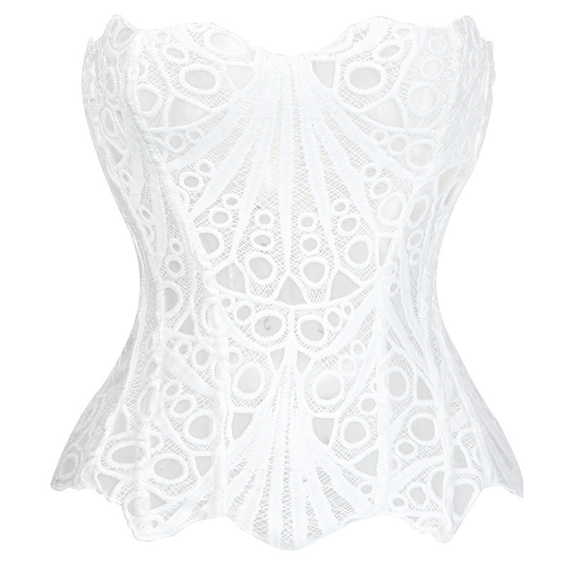Irregular Lace Fishbone Corset With Mesh Panels And Print For A Sculpting Fit