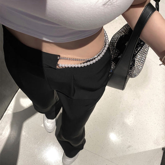 Women's High Waist Drape Rhinestone Waist Chain Wide Leg Pants