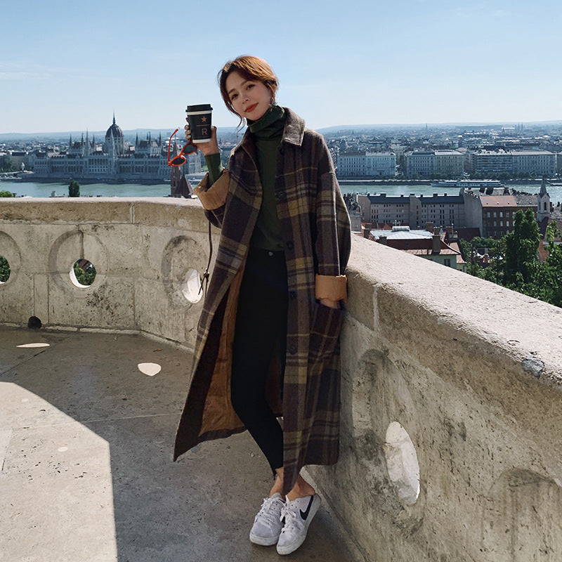 Women's Autumn And Winter Loose Thick Plaid Woolen Coat
