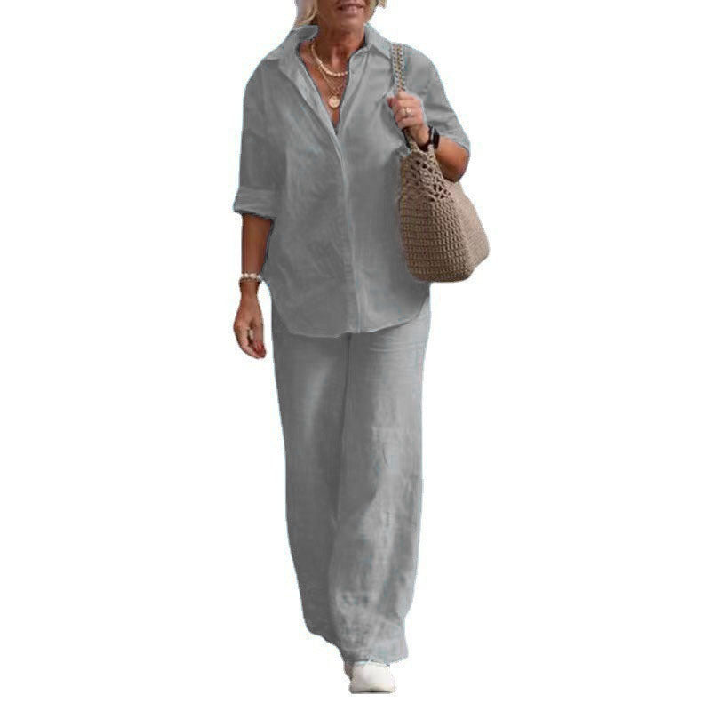 Lapel-collar Long-sleeve Shirt Casual Solid-color Pants Wide-leg Set
