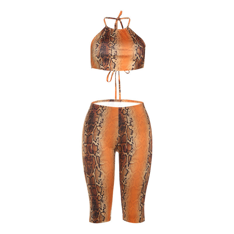 Womens Fashionable Printed Sexy Lace-Up Midriff-Baring Pants Set