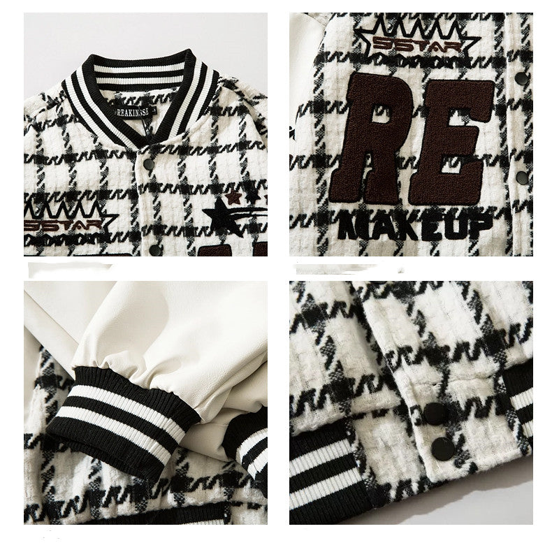 Men's Retro Plaid Flocking Embroidered Baseball Jacket