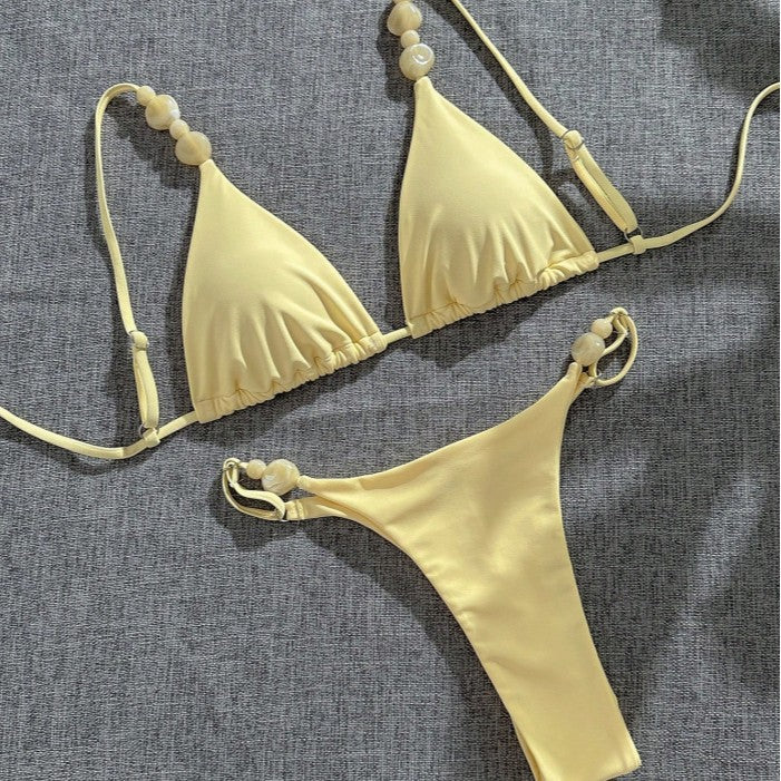 Solid Color Beaded Strap Sexy Two Piece Bikini Swimsuit For Women