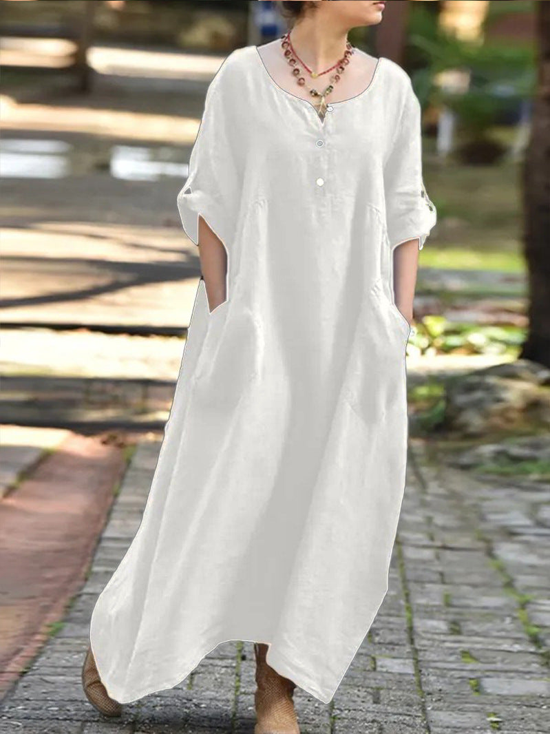 Casual Loose Cotton And Linen Dress For Women