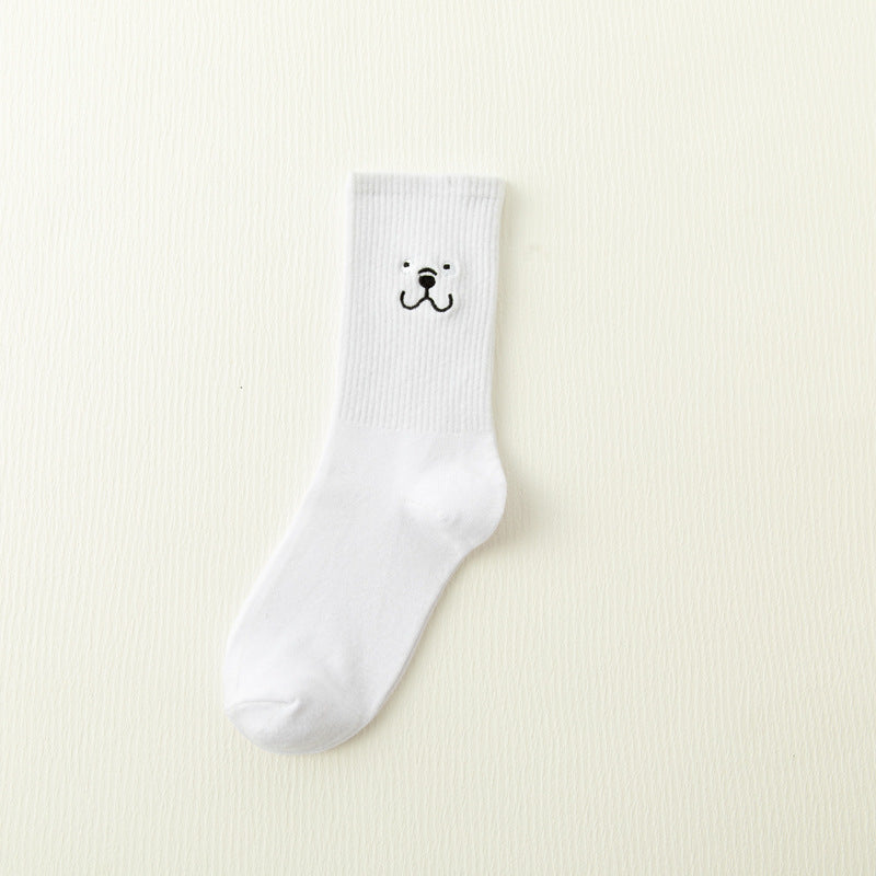 White Japanese Cartoon Embroidery Tube Socks
