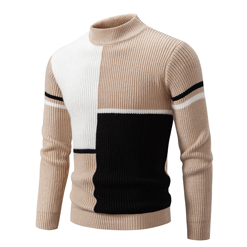 Men's Half-high Collar Contrast Color Pullover Knitwear Korean Youth Fashion Casual Top