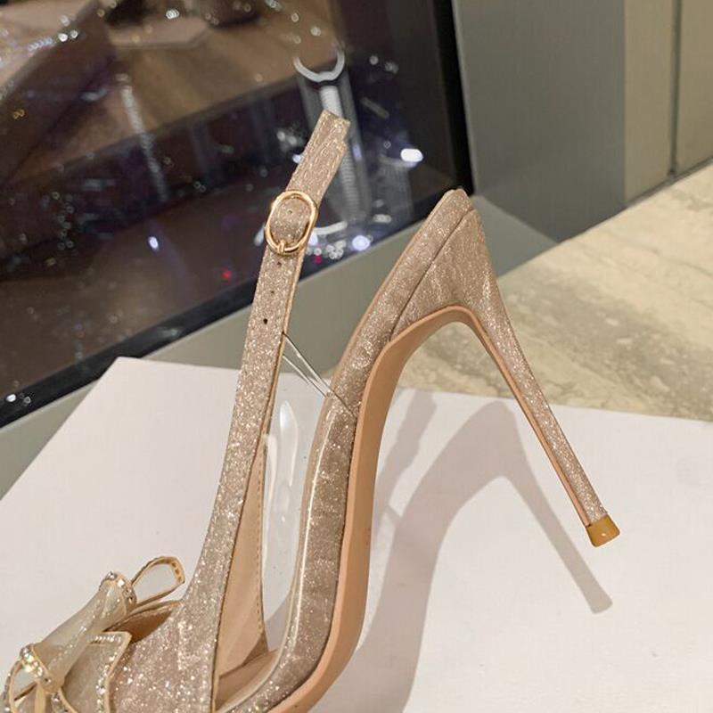 Champagne Bow Rhinestone Stiletto Sheer High Heel Sandals