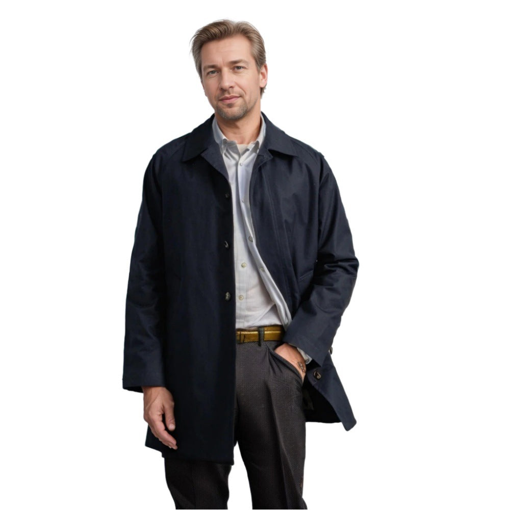 Langærmet trenchcoat til mænd, revers, slim fit, enkeltbrystet, afslappet jakke