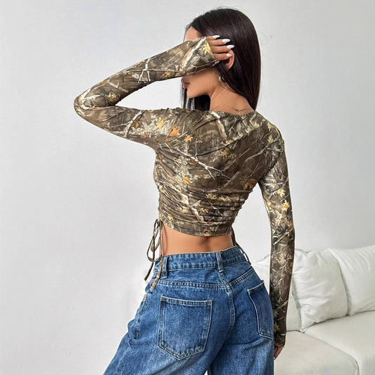 Mesh Branch Printing Side Drawstring Fitted Short T-shirt