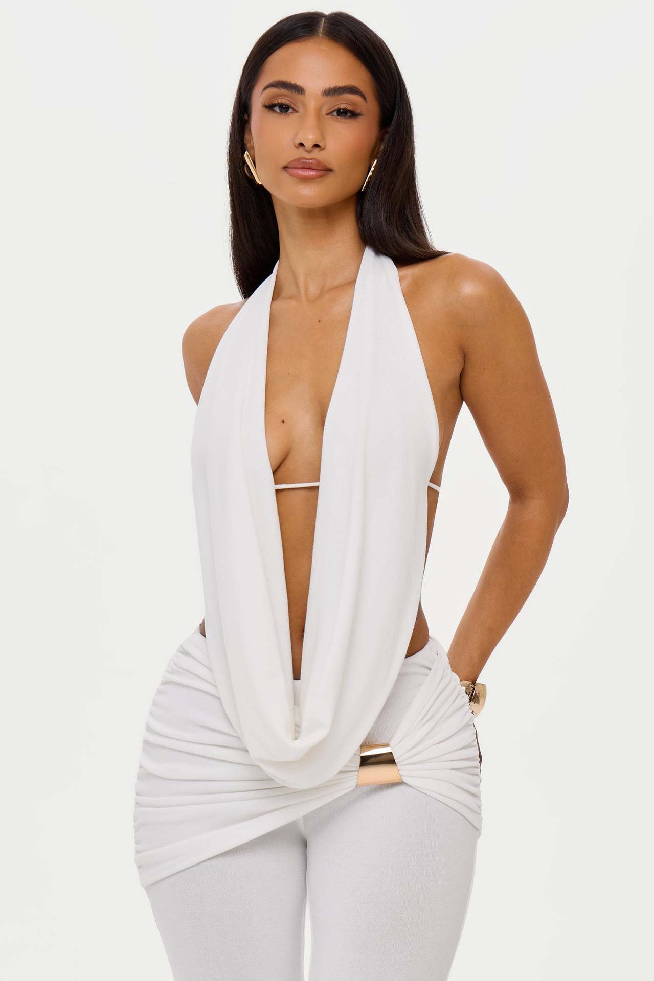 Solid-color Halter V-neck Set For A Chic Elegant