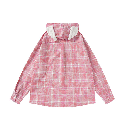 Letter XINGX Embroidered Hooded Plaid Shirt