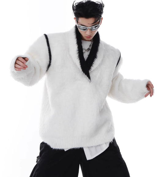 V-neck Anti-mink Plush Sweater Loose Thick Sweater Contrast Color Design Knitted Top