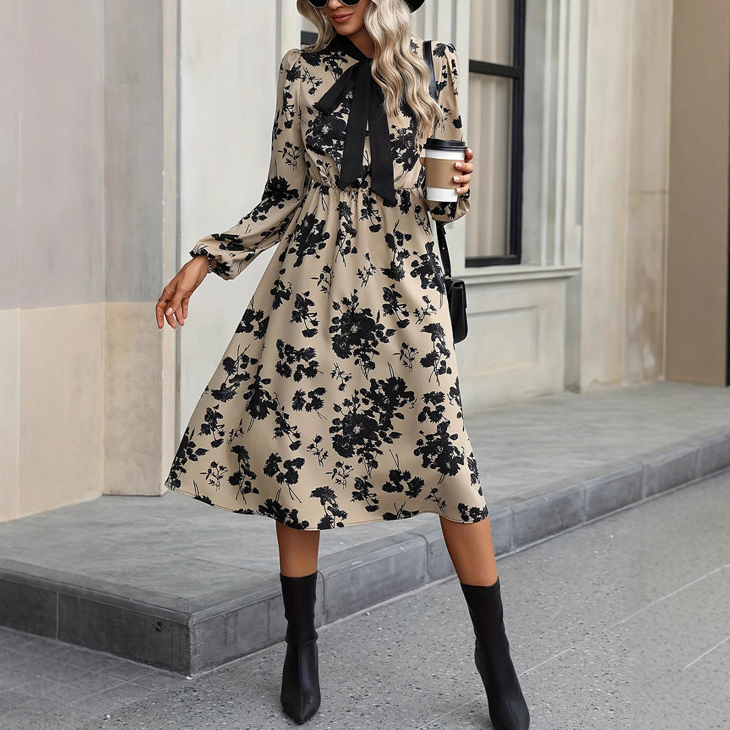 Womens Mid-Length A-Line Dress With Long Sleeves Neck Tie And Lacing