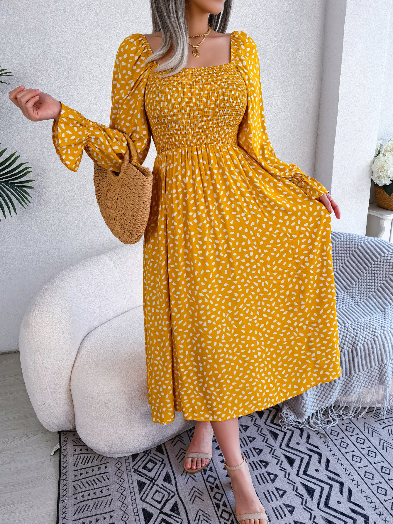 Women Square Neck Long Sleeve Vacation Rayon Pleated Maxi Dress