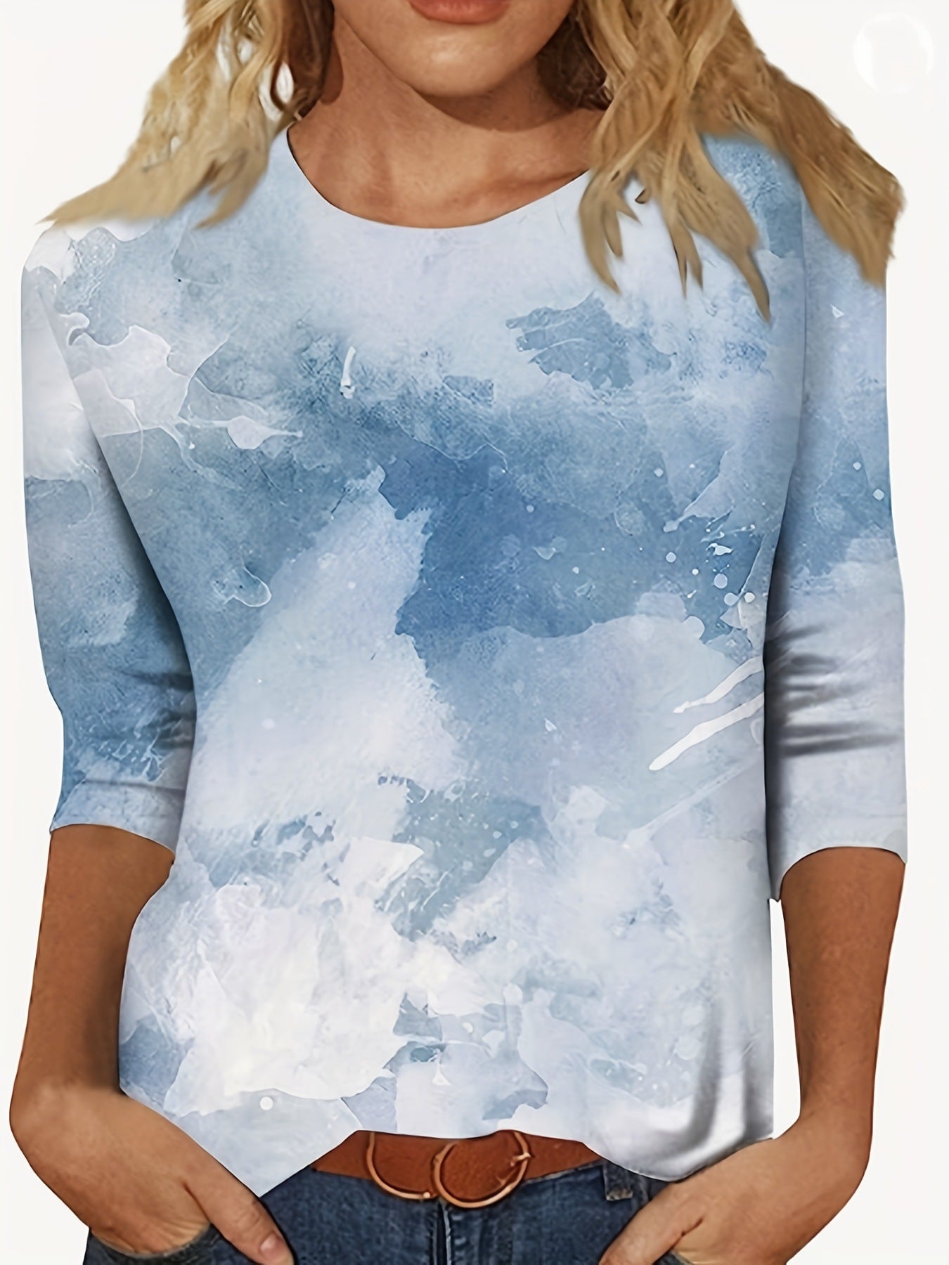 Europæisk og amerikansk blomsterprintet langærmet T-shirt med rund hals