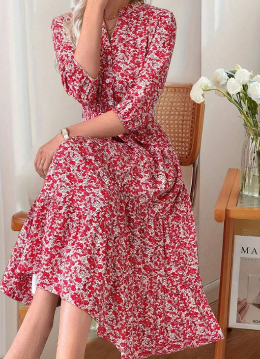 Women's Retro Mini Floral Pattern Print Long Sleeve Maxi Dress
