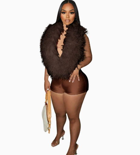Elegant Feather Halter Women's Jumpsuit Shorts
