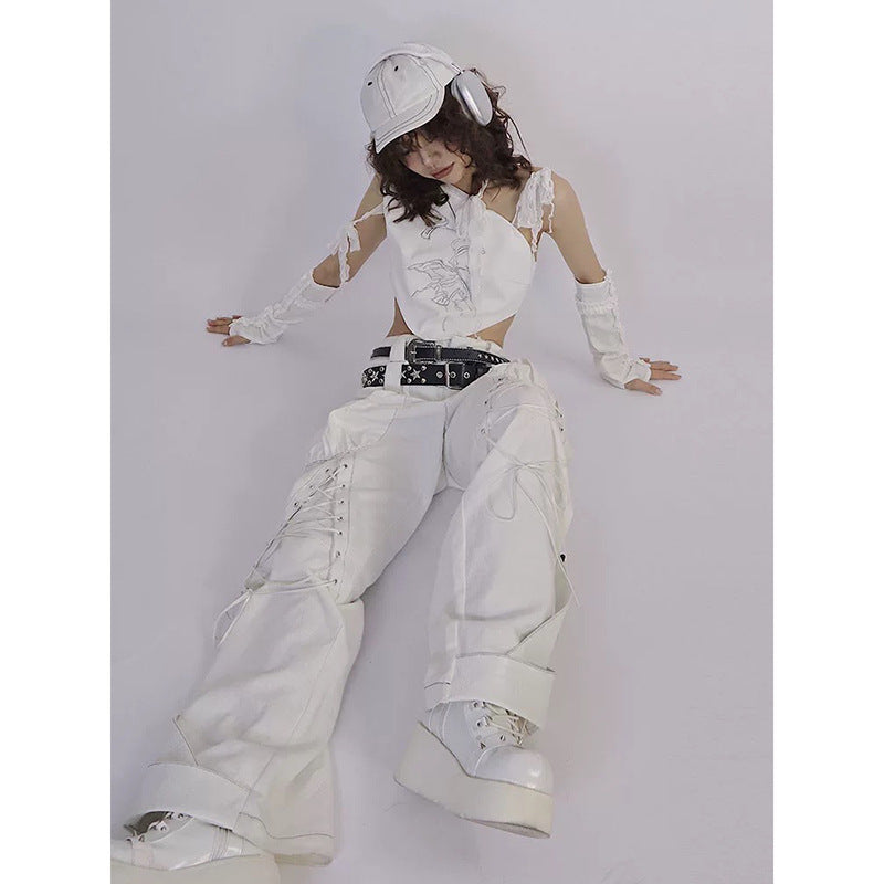Asian Culture White Heavy Industry Double Waist Head Curling Overalls