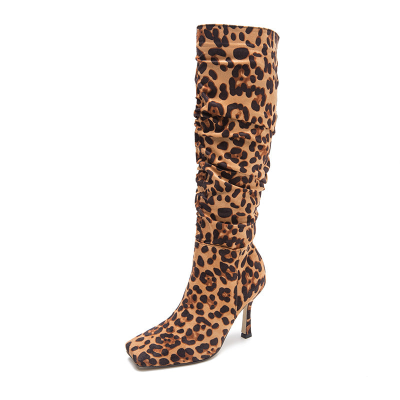 Women's Square Toe Leopard Print High-heeled Boots