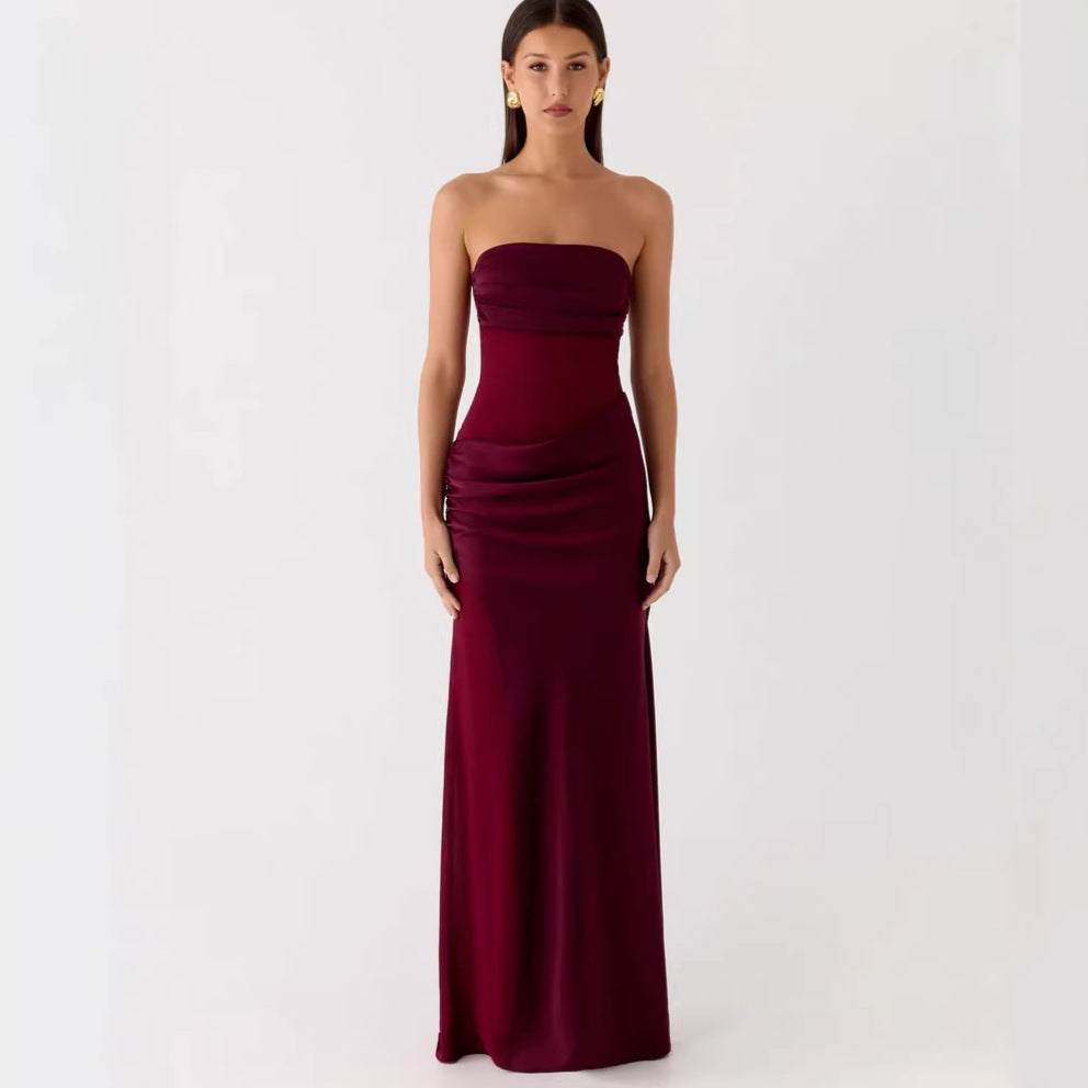 Womens Pleated Sheath Satin Dress