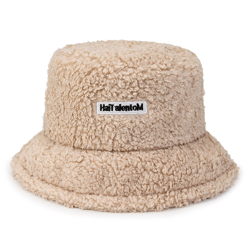 Internet Celebrity Same Style Lamb Wool Bucket Hat Female Korean Style Letter Embroidery Simple All-match