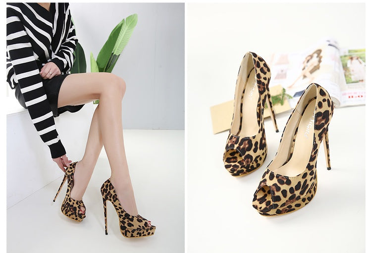 Leopard Print Fish Beak High Heels