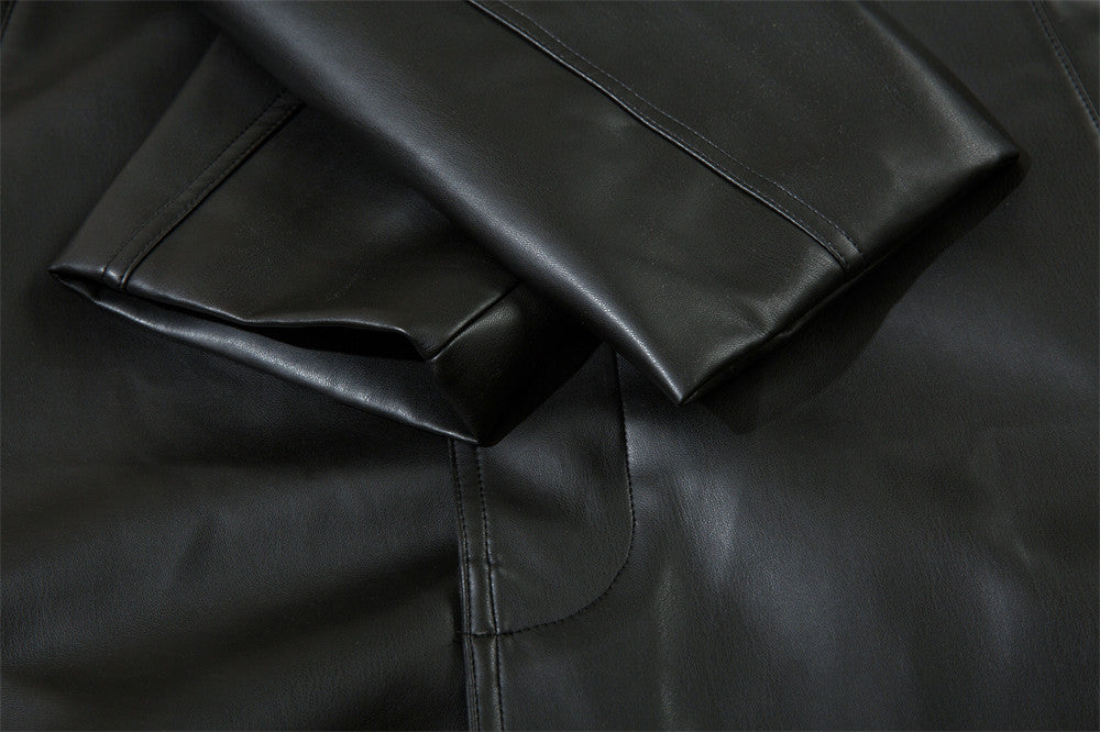 American Style With Belt Mid-length PU Leather Coat For Men Autumn And Winter