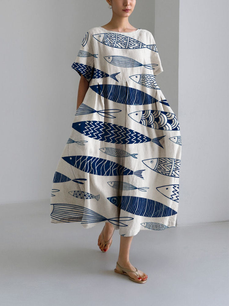 Digital Printing Small Chrysanthemum Women's Casual Short Sleeve Large Swing Dress