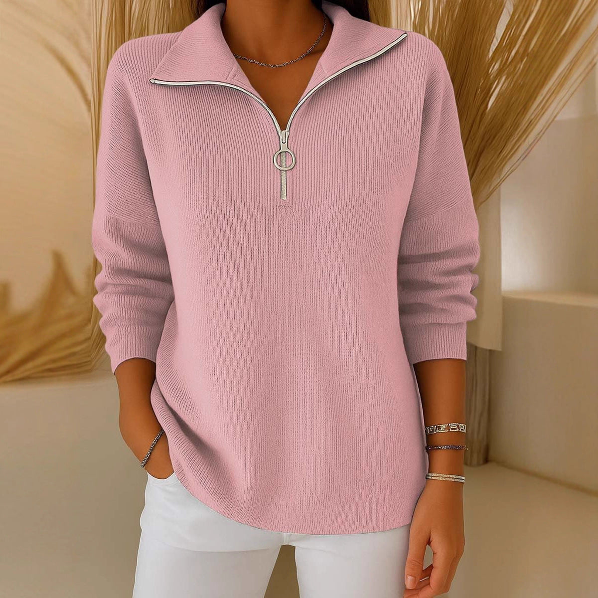 Casual Loose Half-open Collar Zipper Solid Color Women's Sweater