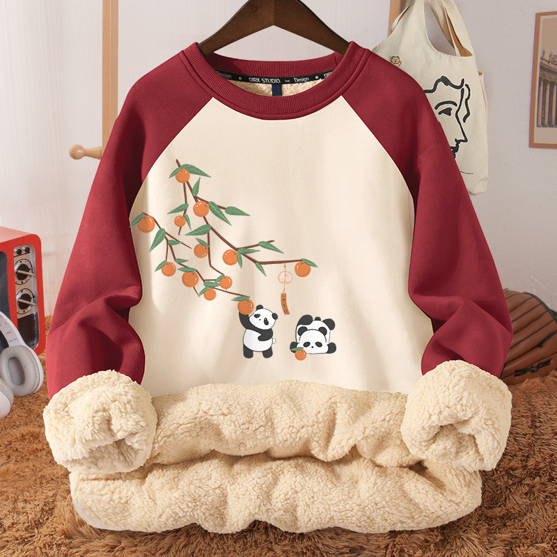 Women's Autumn And Winter Fleece-lined Thickened Hooded Berber Fleece Coat Contrast Color Raglan