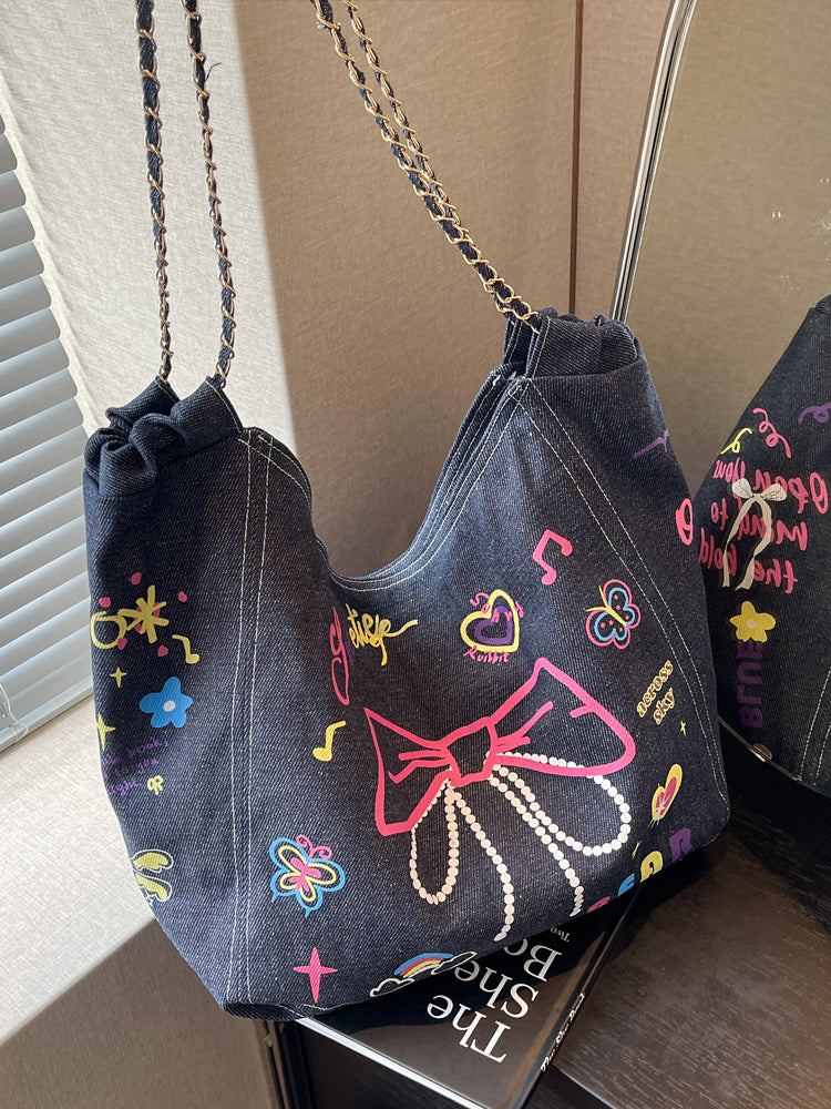 Women's Niche Graffiti Denim Canvas Casual Large Capacity Single Shoulder Bag