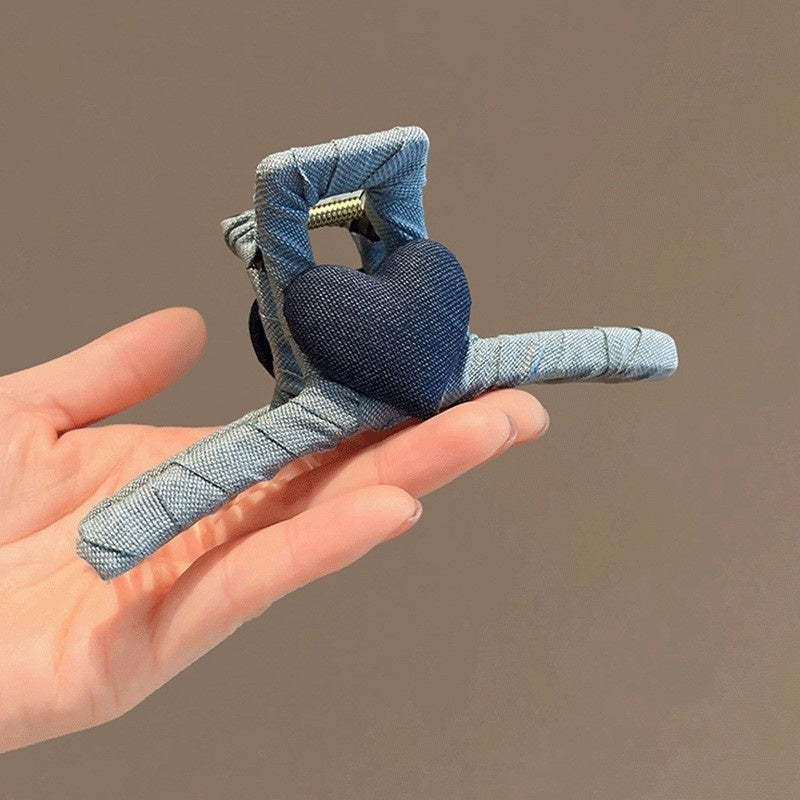 Back Head Blue Denim Bow Barrettes