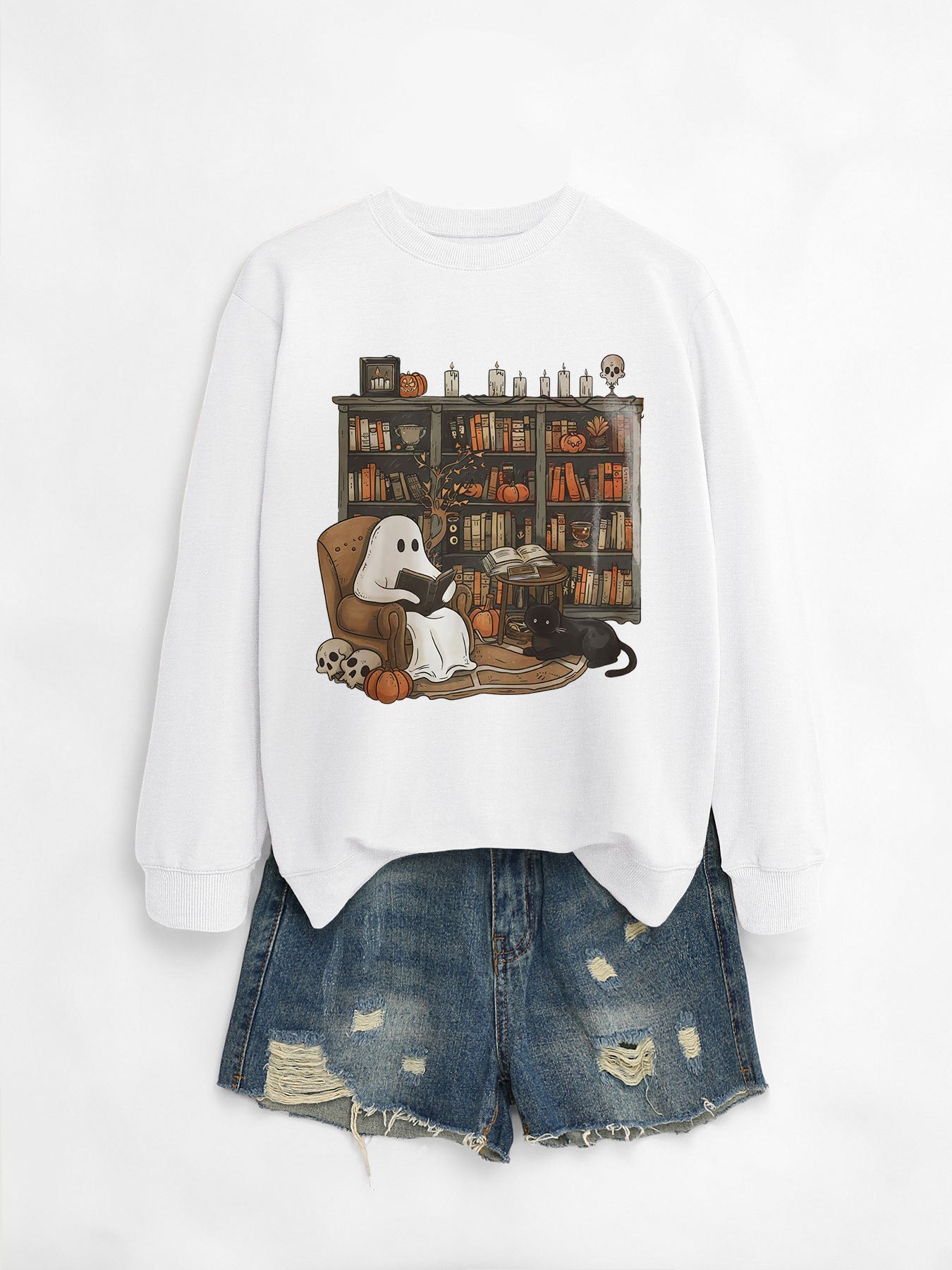 Printed Bookshelf Ghost Black Cat Round Neck Sweater