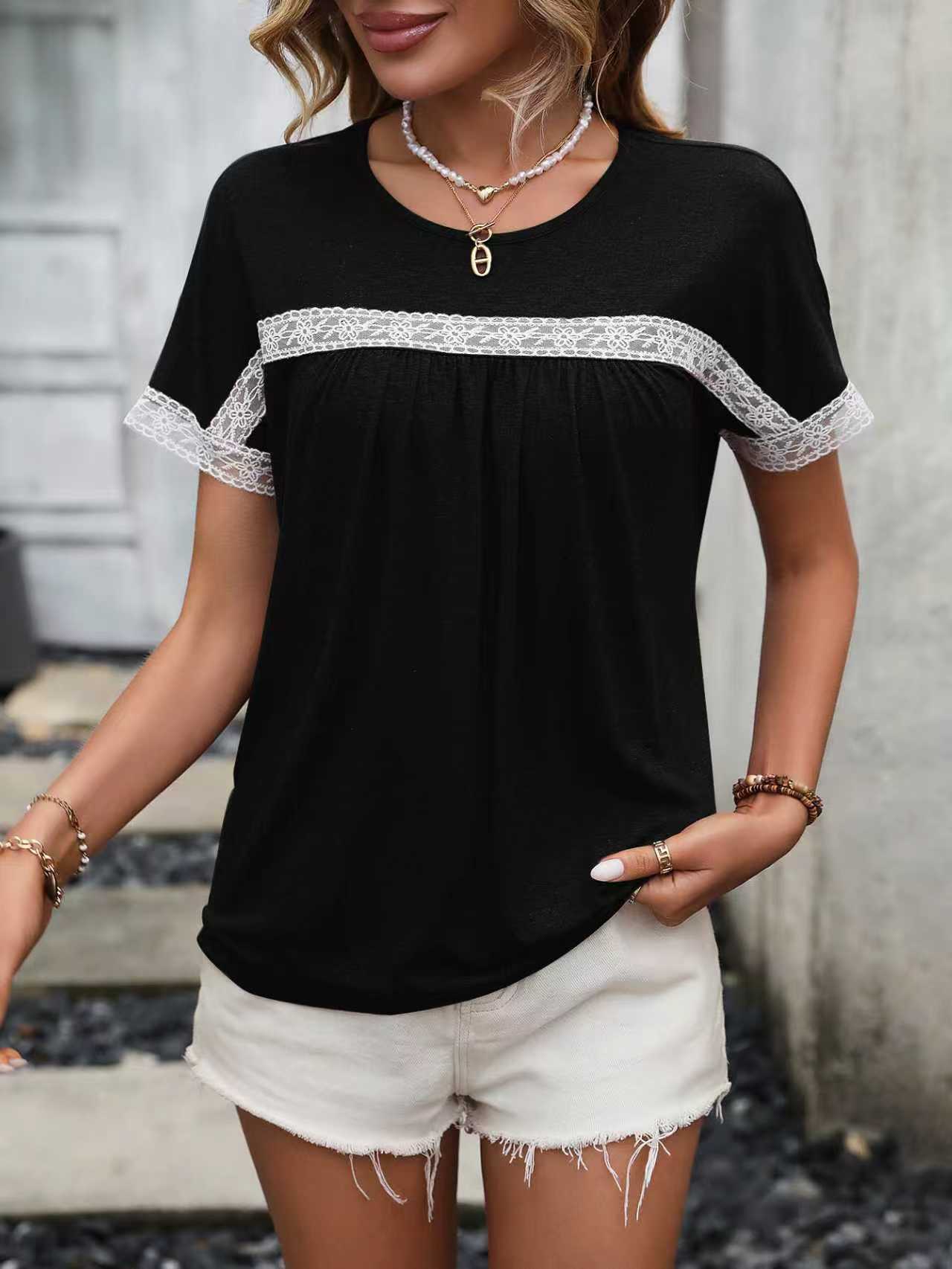 Crew-neck Lace-panel Short Sleeves