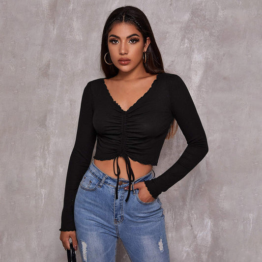European And American V-neck Long-sleeved T-shirt