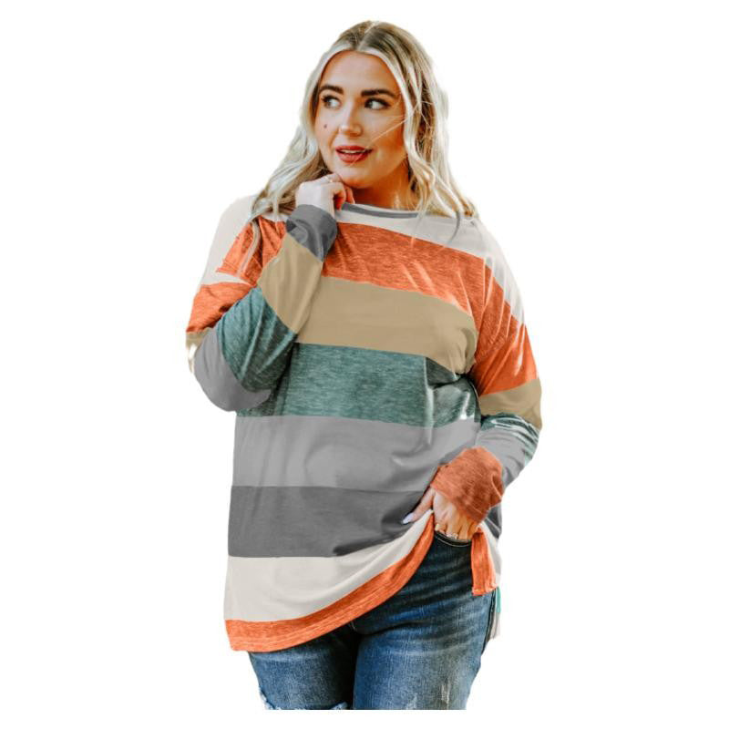 Green Plus Size Color Block Loose Long Sleeve Top