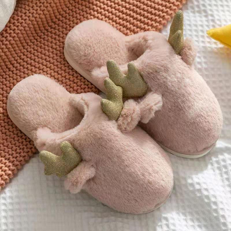 Women's Small Antler-shaped Rabbit Plush Slippers