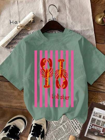 Casual Round Neck Short Sleeves Lobster Print Gra