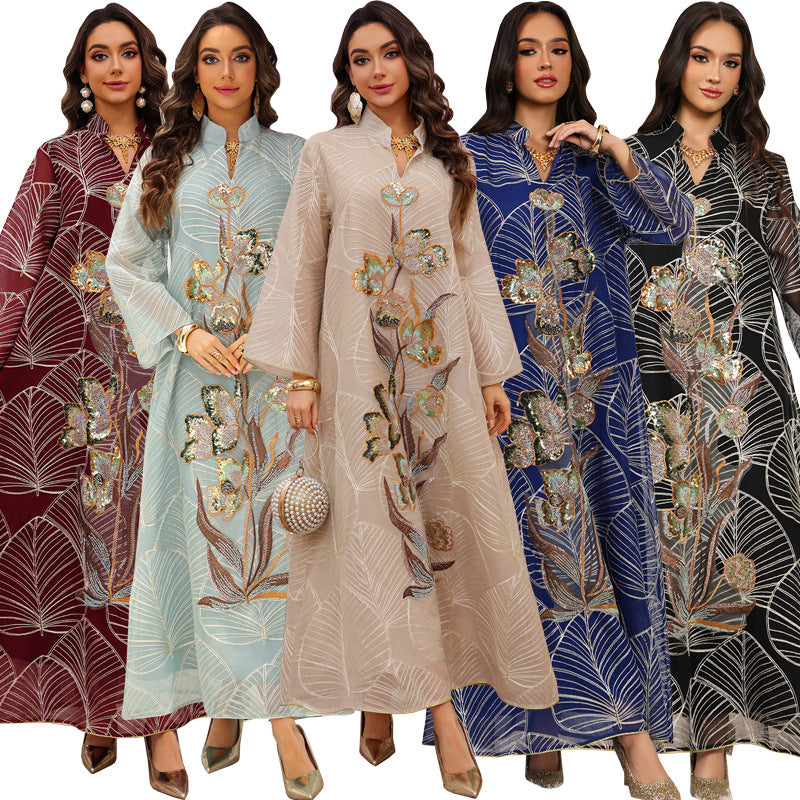 Womens Fashion Mesh Embroidered Long-Sleeve Dress