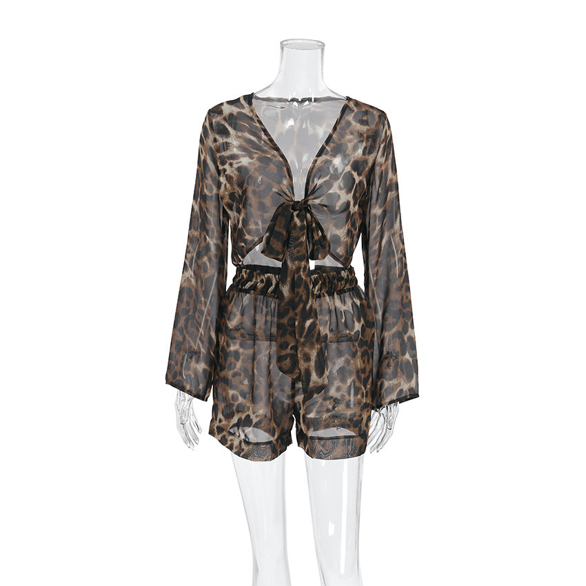 Printed Leopard-Print Outerwear Long-Sleeve Shorts Pajama Two-Piece Set