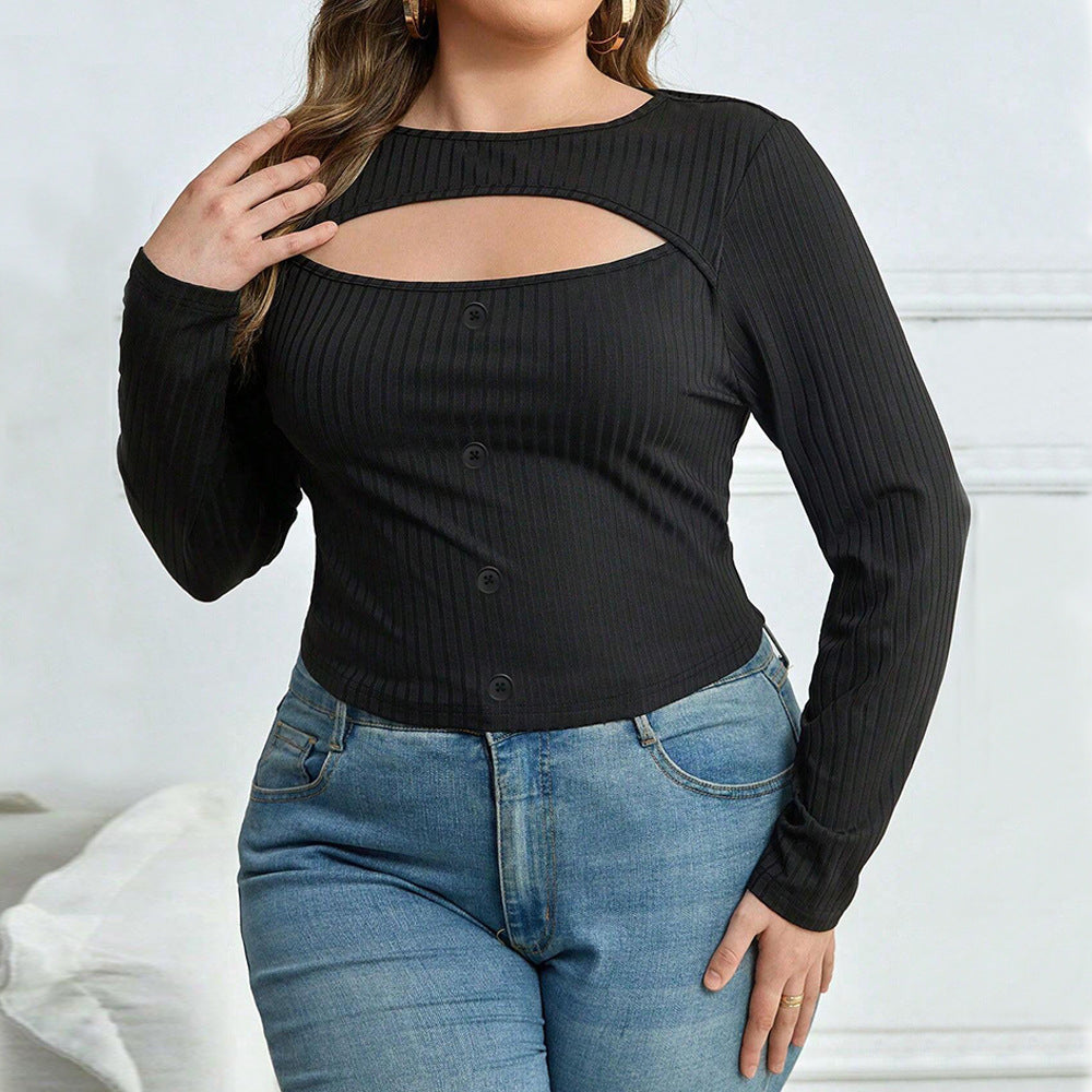 Women's Slim Fit Round Neck Sexy Hollow Long Sleeve Versatile Top