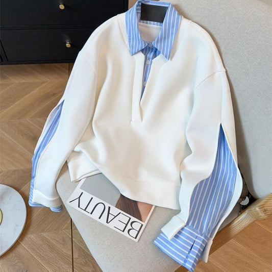 Women's Faux Two-Piece Striped Patchwork Collar Shirt-Hoodie Top
