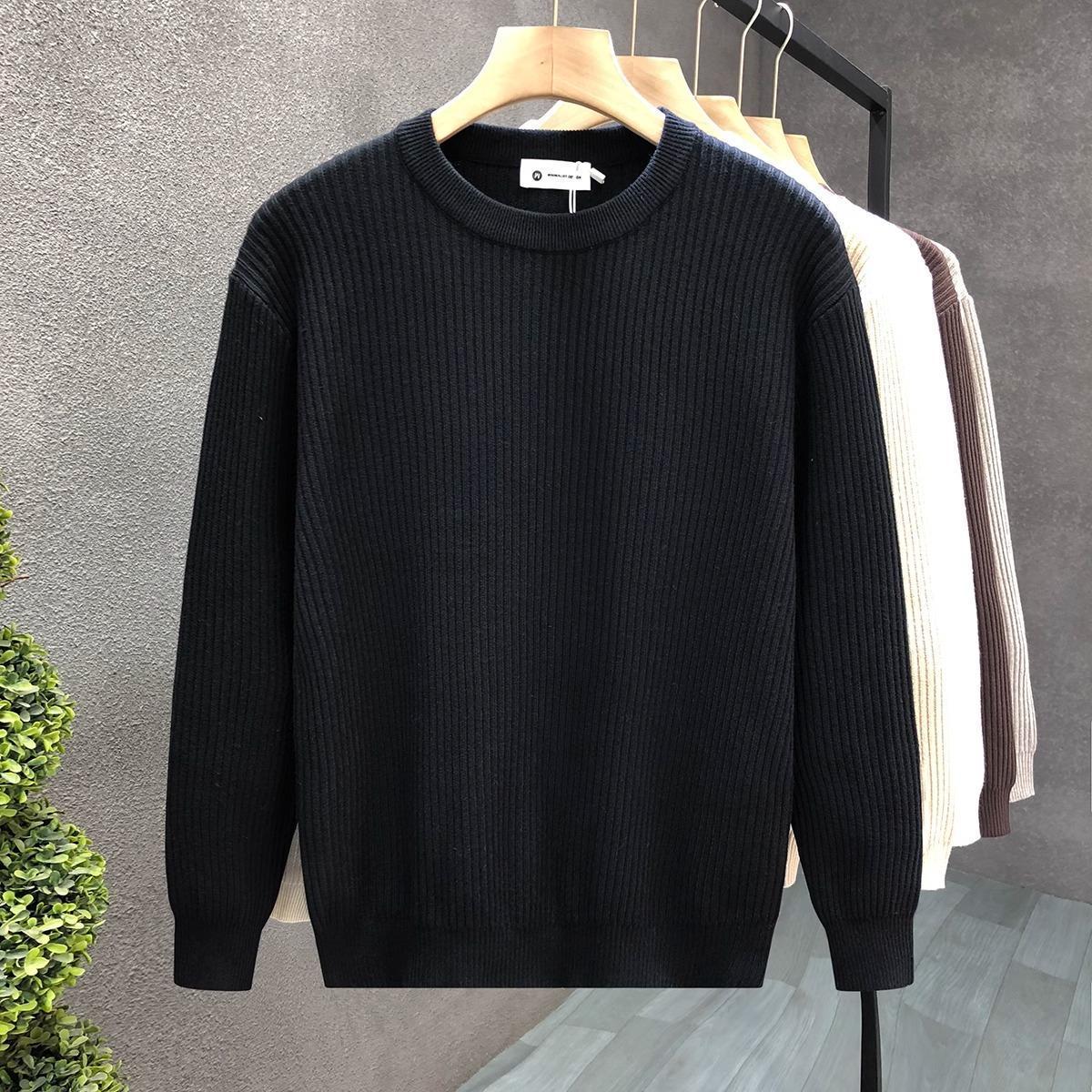 Mens Versatile Simple Solid-Color Apricot Knitted Sweater