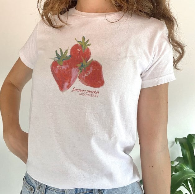 Kortærmet Street Casual T-shirt Top med Jordbærprint og Rund Hals