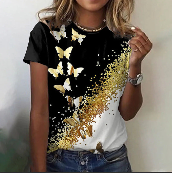 Dame T-shirt med rund hals og korte ærmer med 3D-blomsterprint